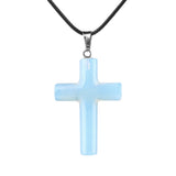 Natural Gemstone Cross Pendant Necklace for Women Men 45CM Black Rope Chain 27x40mm Stone Charms