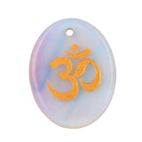 35x45mm Oval Natural Gemstone Pendant, 3D OM Symbol Engraved, Polished Crystal Disc Charm for DIY Spiritual Jewelry, Necklace Making