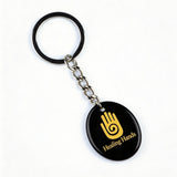 Oval Gemstone Disc Keychain– Carved with Custom Words & Symbol -"Hand"