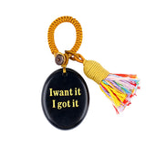 Handmade Woven Oval Gemstone Disc Strand Keychain– Carved with Custom Words & Symbol -I want it I got it
