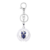 Silver Owl Gemstone Pendant Charms Keychain #KC1759 Crescent Frame Cute Bird Animal Healing Crystal Jewelry for Women