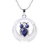 Silver Owl Gemstone Pendant Necklace with Beads Chain #SN1759 Crescent Frame Cute Bird Animal Healing Crystal Jewelry for Women