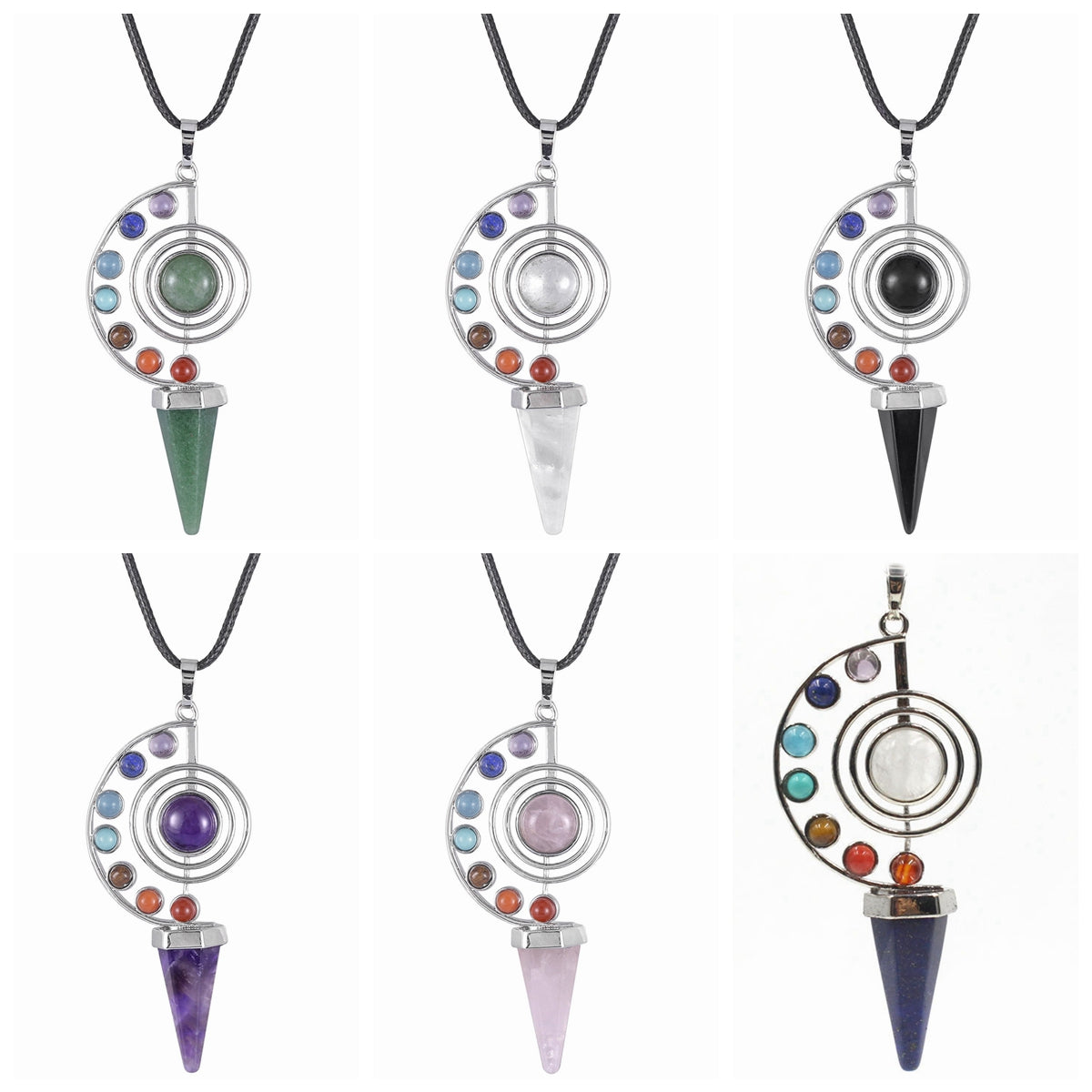 Healing 7 Chakra Natural Crystal Amethyst Rose Quartz Pendulum Yoga Hexagonal Cone Pendulums Pendant Necklace For Dowsing