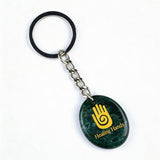 Oval Gemstone Disc Keychain– Carved with Custom Words & Symbol -"Hand"
