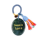 Handmade Woven Oval Gemstone Disc Strand Keychain– Carved with Custom Words & Symbol -I want it I got it