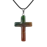 Natural Gemstone Cross Pendant Necklace for Women Men 45CM Black Rope Chain 27x40mm Stone Charms