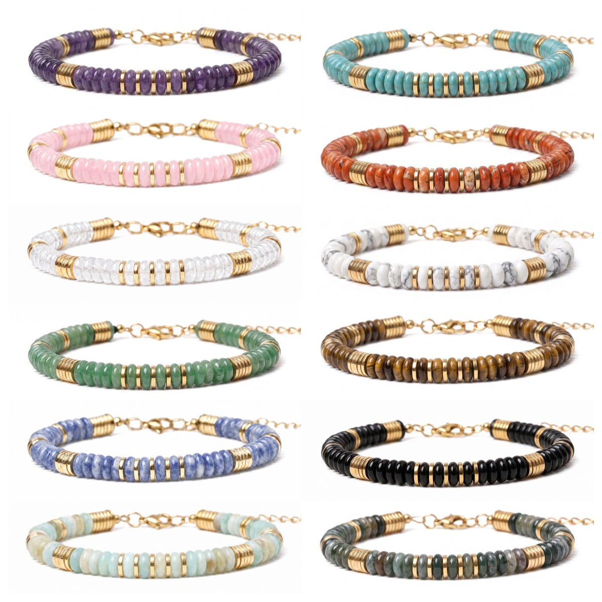 Natural Stone 6x3mm Disc Beaded Bracelet with Gold Spacers Adjustable Chain#SB3131
