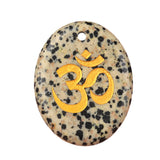 35x45mm Oval Natural Gemstone Pendant, 3D OM Symbol Engraved, Polished Crystal Disc Charm for DIY Spiritual Jewelry, Necklace Making