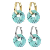 Natural 18MM Healing Gemstone Coin Pendant Drop Earrings for Women Stone Gold Dangle Ear Jewelry
