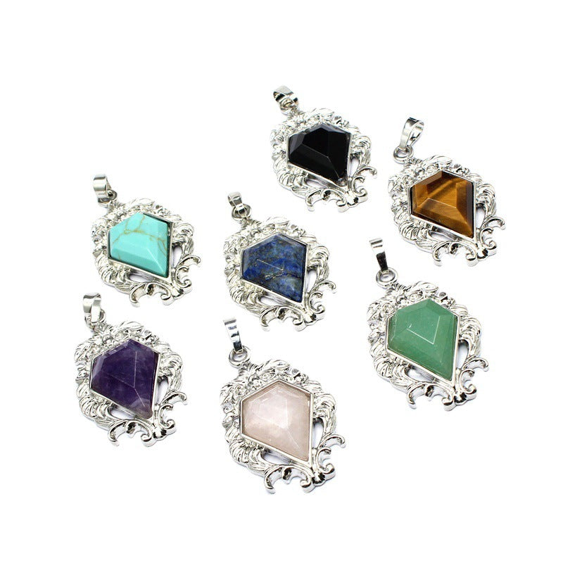Antique Floral Carved Bezel Set Diamond Shape Natural Crystal Pendant, Multi‑Option Faceted Gemstone Charm for Handmade Necklaces