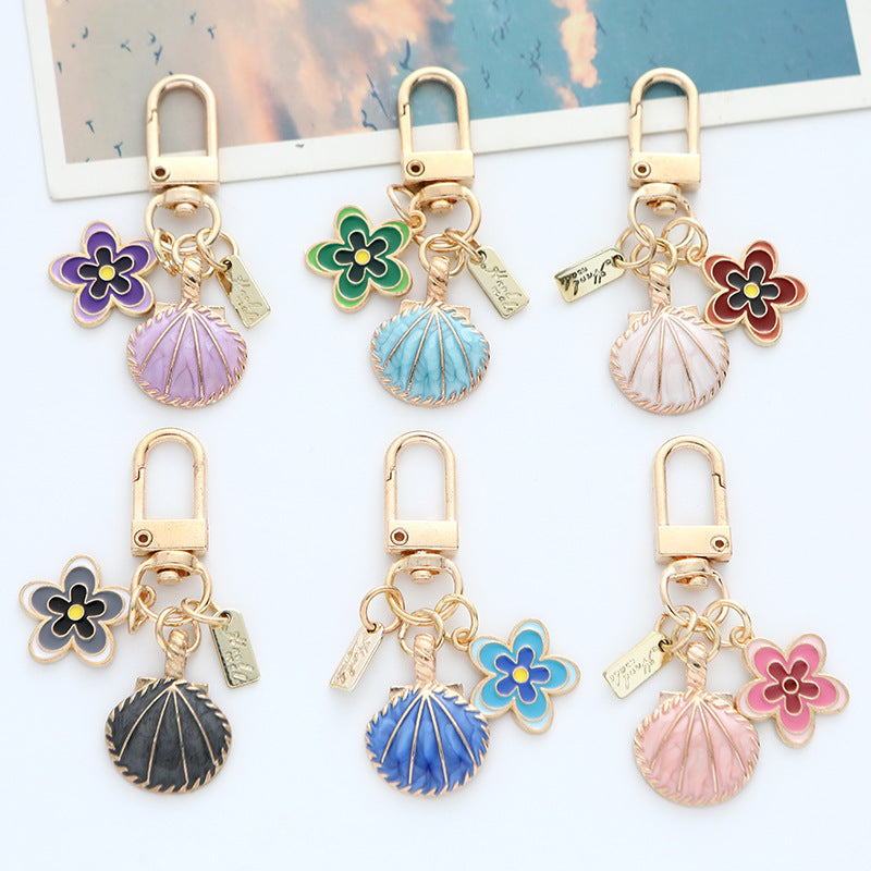 Cute Shell & Flower Enamel Keychain, Dainty Rhinestone Bag Charm, Small Fresh Pendant for Airpod Case, Best Friend Gift