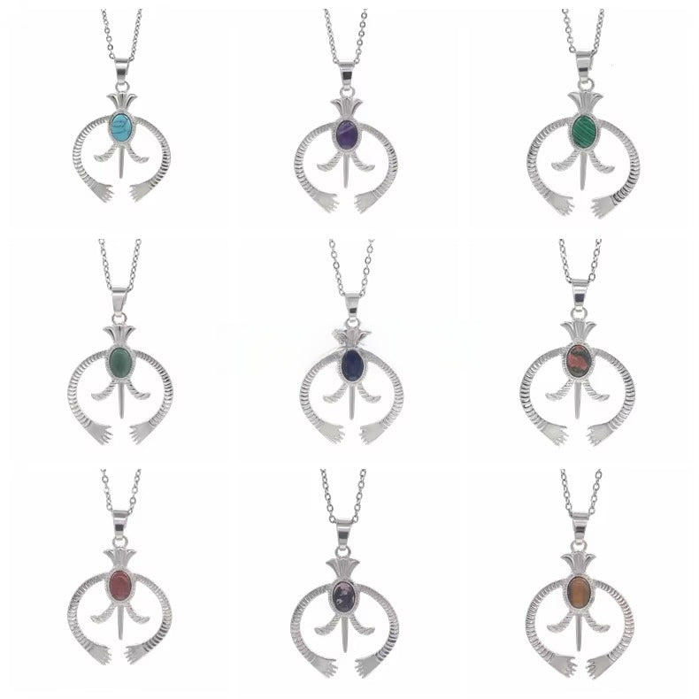 Hollow Naja Symbol Natural Crystal Necklace, Antique Silver‑Tone Alloy Tribal Symbol Inlaid Gemstone Pendant with Chain, Spiritual Protection Amulet Necklace for Daily Wear