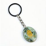 Oval Gemstone Disc Keychain– Carved with Custom Words & Symbol -"Hand"