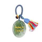 Handmade Woven Oval Gemstone Disc Strand Keychain– Carved with Custom Words & Symbol -I want it I got it