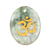 35x45mm Oval Natural Gemstone Pendant, 3D OM Symbol Engraved, Polished Crystal Disc Charm for DIY Spiritual Jewelry, Necklace Making