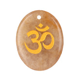 35x45mm Oval Natural Gemstone Pendant, 3D OM Symbol Engraved, Polished Crystal Disc Charm for DIY Spiritual Jewelry, Necklace Making