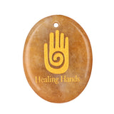 35x45mm Oval Natural Gemstone Pendant, Engraved " Hand", Polished Crystal Disc Charm for Spiritual Jewelry, Necklace Making