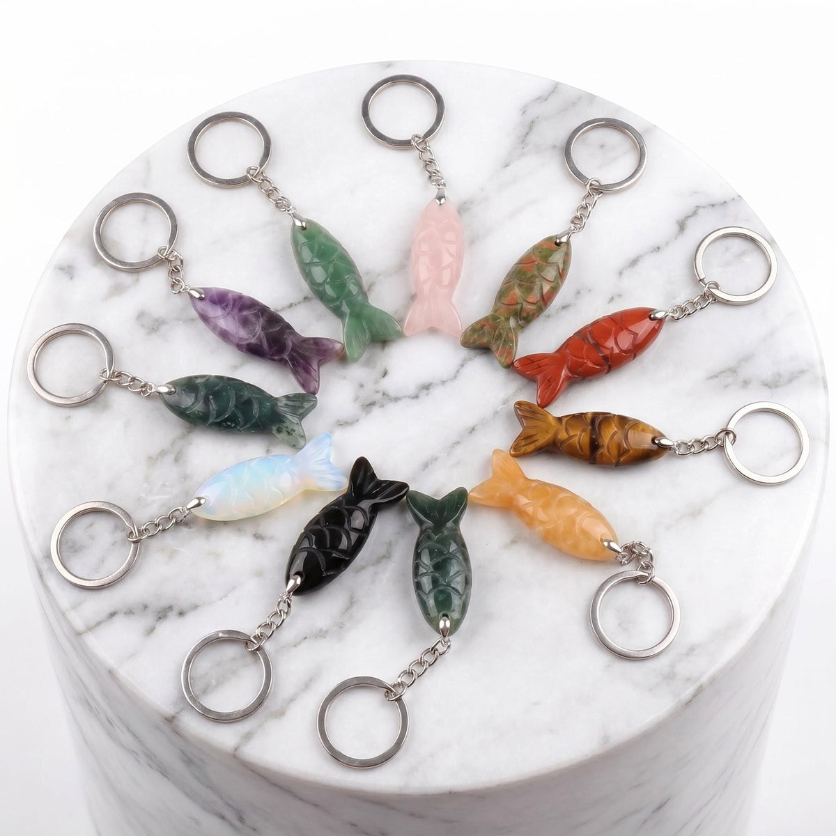 Hand Craved Gemstone Fish Keychain 15X40MM Animal Pendant Keyring