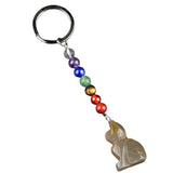 1.0Inch Handmade Craved Cat Gemstone Pendant Keychain 7 Chakra Beads Chain #KC2319S-A4