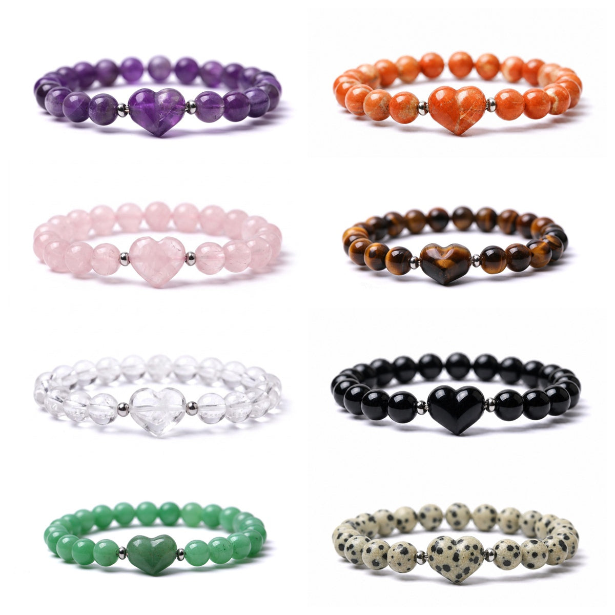 Natural Crystal Beaded Bracelet with 16mm Center Stone Heart - 8mm Round Beads #SB3133