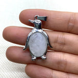 24x35mm Natural Crystal Penguin Pendant Necklace, Silver Alloy Frame Gemstone Charm