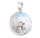 Moon & Star Celestial Natural Gemstone Round Pendant, Silver‑Tone Hollow Star Crescent Moon Frame Crystal Stone Charm for Handmade Necklaces