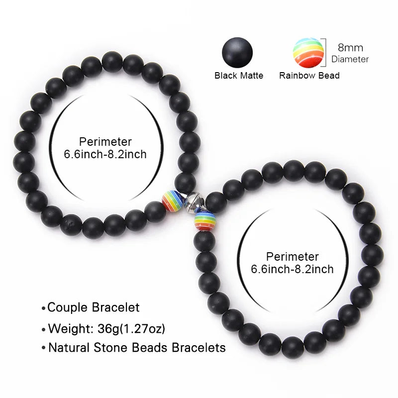 2Pcs Magnetic Couple Bracelets - Matte Black Onyx Stone Beads with Rainbow Pride Accents - Adjustable Distance Bracelets for Lovers & Friends