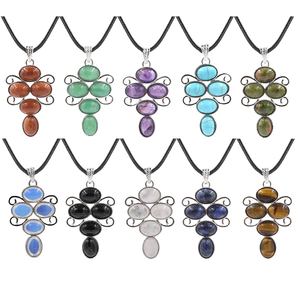 5 Stones Oval Crystal Scroll Wire Pendant Necklace, Silver Swirl Frame Natural Gemstone Black Wax Cord Boho Chakra Jewelry