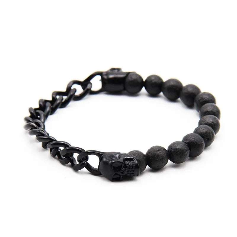 Men Gothic Skull Lava Rock Bracelet Half Chain Half Bead Magnetic Clasp Bracelet Punk Gun Black Alloy Wrist Jewelry for Guys