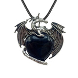 Vintage Silver Alloy Dragon Heart Crystal Necklace | Natural Stone Wax Cord Pterosaur Pendant for Men & Women, Cosplay, Daily Wear