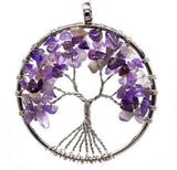 Tree of Life Crystal Chip Pendant, Silver Wire Wrapped Round Natural Gemstone Tree of Life Charm, Reiki Healing Stone Necklace Pendant for Women