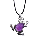 Natural Gemstone Frog Pendant Necklace Teardrop Inlaid Crystal Stone Silver‑Tone Metal Frog Charm 25x27mm Reiki Chakra Healing Stone Pendant With Wax Rope Cord for Women Jewelry Gift Bulk