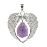 Natural Crystal Angel Wings Pendant | Teardrop Gemstone Heart Amulet Charm | Silver Alloy Feather Wing Quartz Droplet Jewelry Findings for DIY Making