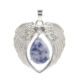 Natural Crystal Angel Wings Pendant | Teardrop Gemstone Heart Amulet Charm | Silver Alloy Feather Wing Quartz Droplet Jewelry Findings for DIY Making