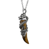 Gothic Silver Dragon Coiled Crystal Fang Necklace • Retro Mythical Creature Natural Gemstone Horn Pendant • Matching Couple Amulet Jewelry