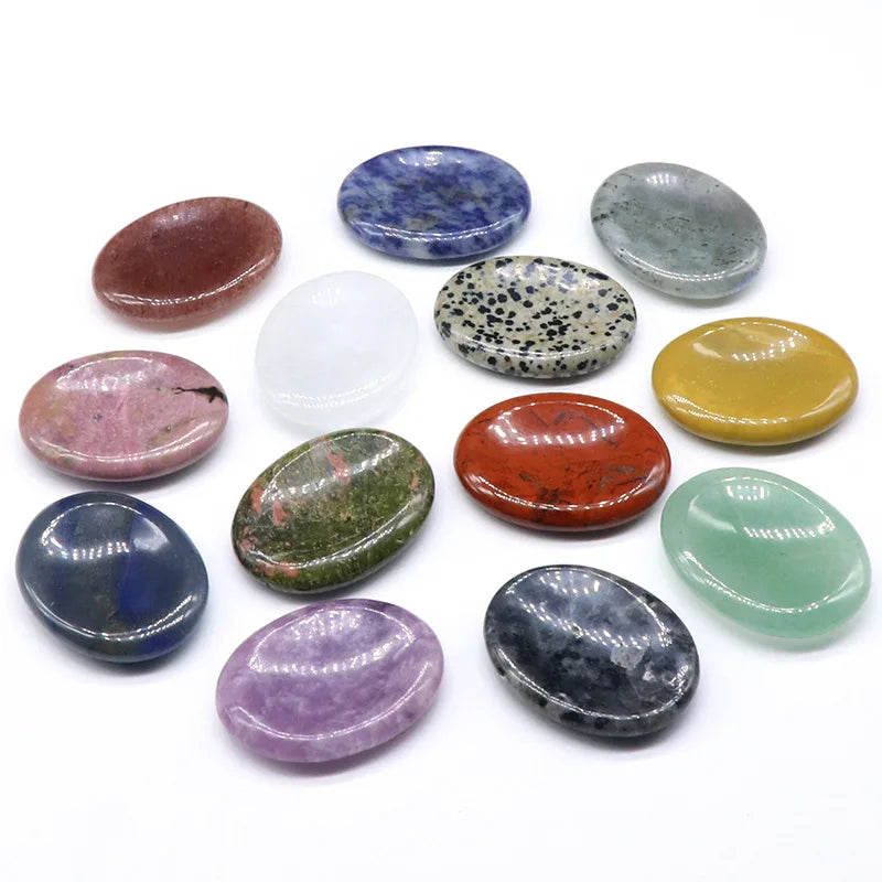 Polished Natural Crystal Oval Worry Stone, Multi Gemstone Thumb Massage Pocket Stone Anxiety Relief Reiki Healing Worry Stone