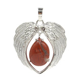 Natural Crystal Angel Wings Pendant | Teardrop Gemstone Heart Amulet Charm | Silver Alloy Feather Wing Quartz Droplet Jewelry Findings for DIY Making