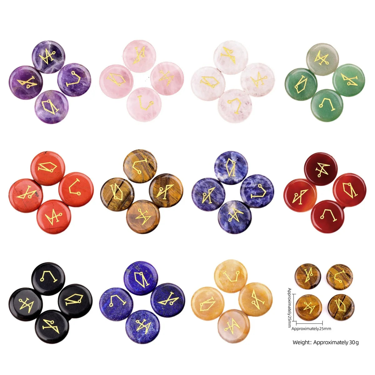 25mm Natural Crystal Angel Symbol Stones | 4 Archangel Rune Healing Ornament Set