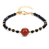 4mm Faceted Black Crystal Beaded Bracelet with 10mm Natural Stone Center Bead Gold Plated Adjustable Extension Chain Chakra Healing Bracelet for Women
