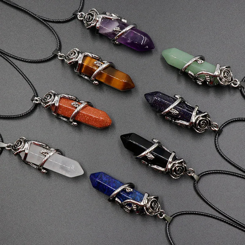 Vintage Rose Wrapped Crystal Pendant Necklace • Hexagonal Bullet Stone Charm • Boho Black Cord Healing Quartz Spiritual Jewelry
