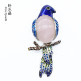 Enamel Bird Parrot Natural Gemstone Pendant, Colorful Enamel Alloy Bird On Branch Inlaid Oval Cabochon Crystal Pendant, Chakra Reiki Healing DIY Necklace Jewelry Charm