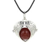 Angel Wing Heart Crystal Ball Pendant Necklace Silver Plated Natural Round Stone Chakra Healing Black Wax Cord Necklace for Women