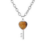 Heart Key Natural Crystal Pendant Necklace Silver Alloy Love Lock Gemstone Chakra Healing Necklace for Women Gift