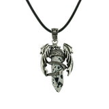 Gothic Winged Dragon Hexagonal Crystal Point Necklace, Vintage Silver Pterosaur Column Pendant, Punk Minimalist Protection Amulet with Black Rope Cord for Men & Women