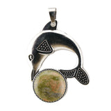 Bohemian Silver Marine Dolphin Gemstone Amulet • Cute Sea Animal Crystal Sphere Holder Charm • Unisex Coastal Beach Lover Jewelry Gift