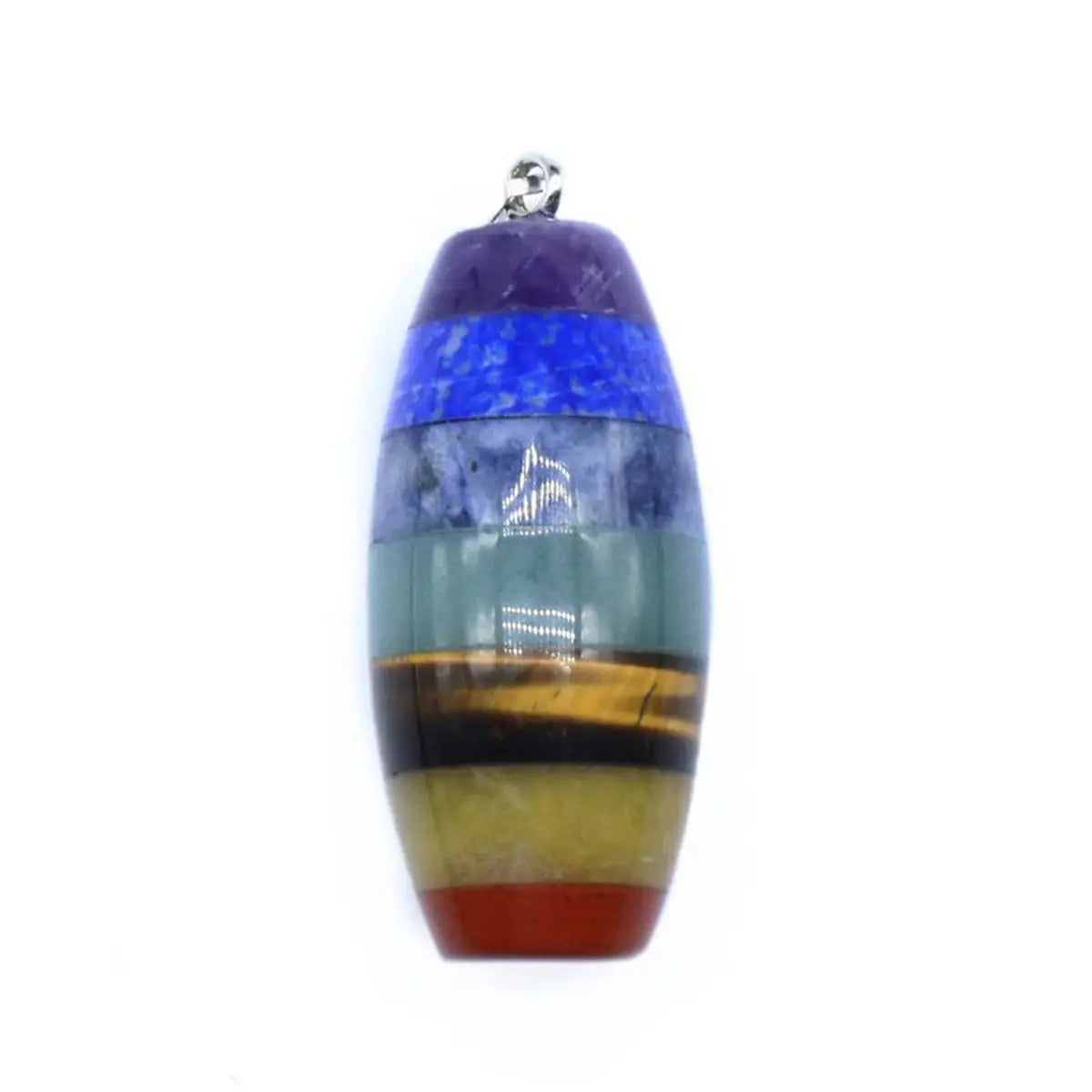 7 Chakra Layered Drum Shaped Natural Gemstone Pendant, Rainbow Bonded Healing Crystal Necklace & Divination Pendulum with Black Rope Cord