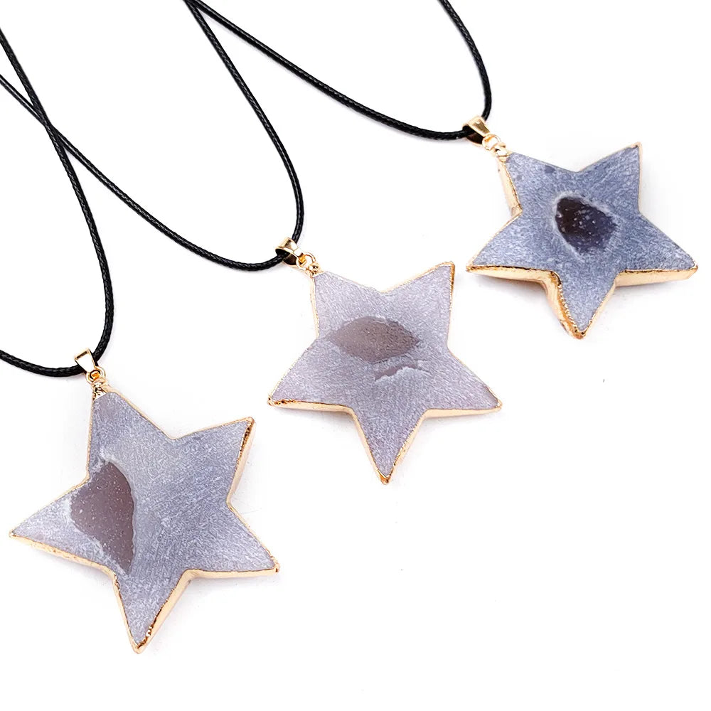 Gold Plated Edge Five Pointed Star Agate Druzy Pendant Necklace, Natural Raw Geode Crystal Star Charm with Wax Cord