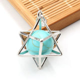 Merkaba Star Cage Natural Sphere Crystal Pendant Necklace, Silver‑Tone Metal Hollow Star Frame with Round Gemstone Bead Reiki Chakra Healing Necklace for Women