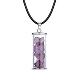 Bohemian Wish Bottle Crystal Necklace, Stainless Steel Frame Clear Glass Vial Pendant Natural Tumbled Stone Chips Inside Adjustable Black Rope Necklace Gift
