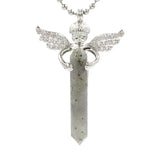 Silver Angel Wing Natural Crystal Point Pendant 35×65mm, Double Terminated Hexagonal Crystal Stone Charm, Reiki Chakra Healing Angel Guardian Pendant for DIY Necklace Spiritual Boho Jewelry Gift
